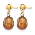 14K Gold Filled 7-8mm Brown Rice Cultured Freshwater Pearl Post Dangle Earrings - view 2