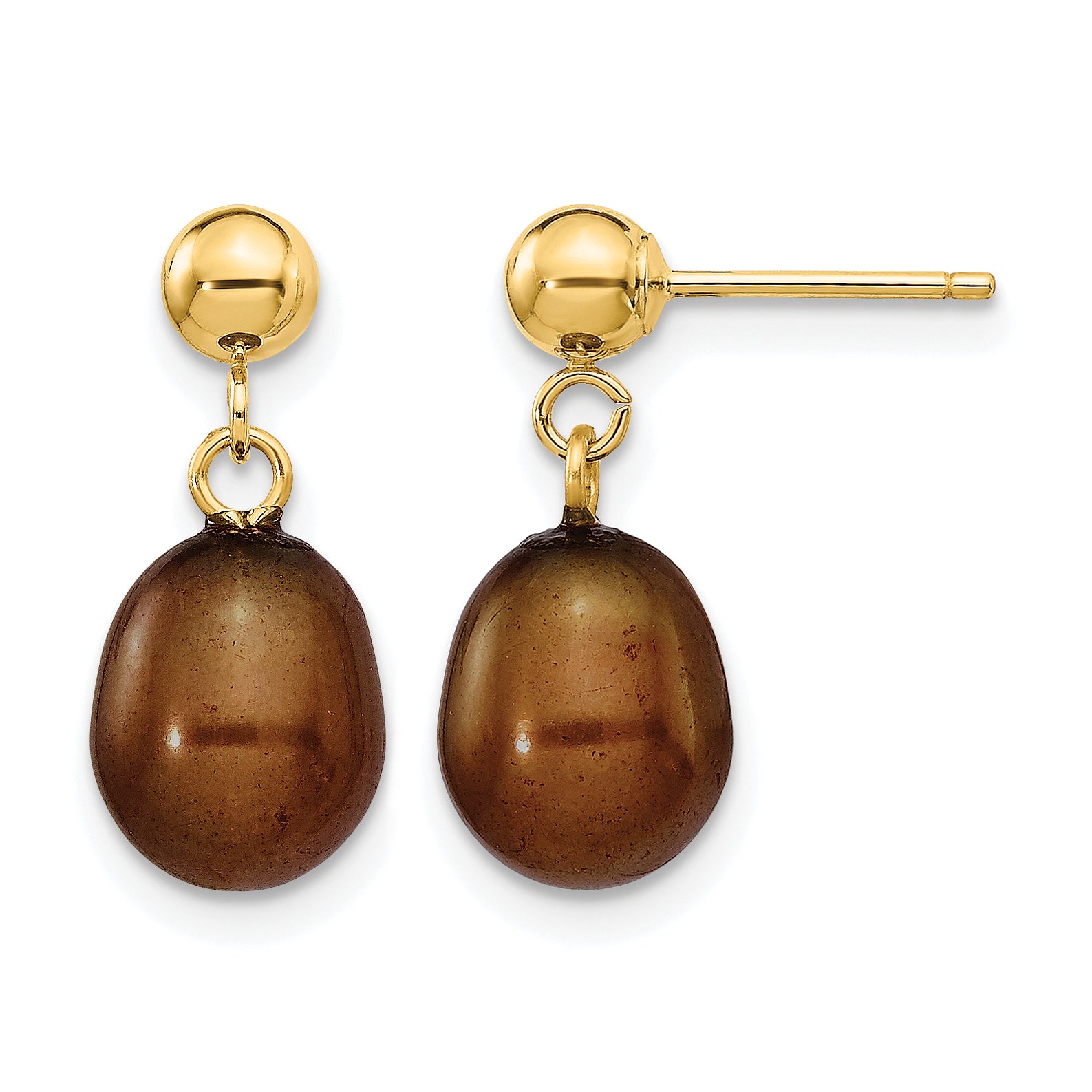 14K Gold Filled 7-8mm Brown Rice Cultured Freshwater Pearl Post Dangle Earrings by Sophia Jewelers