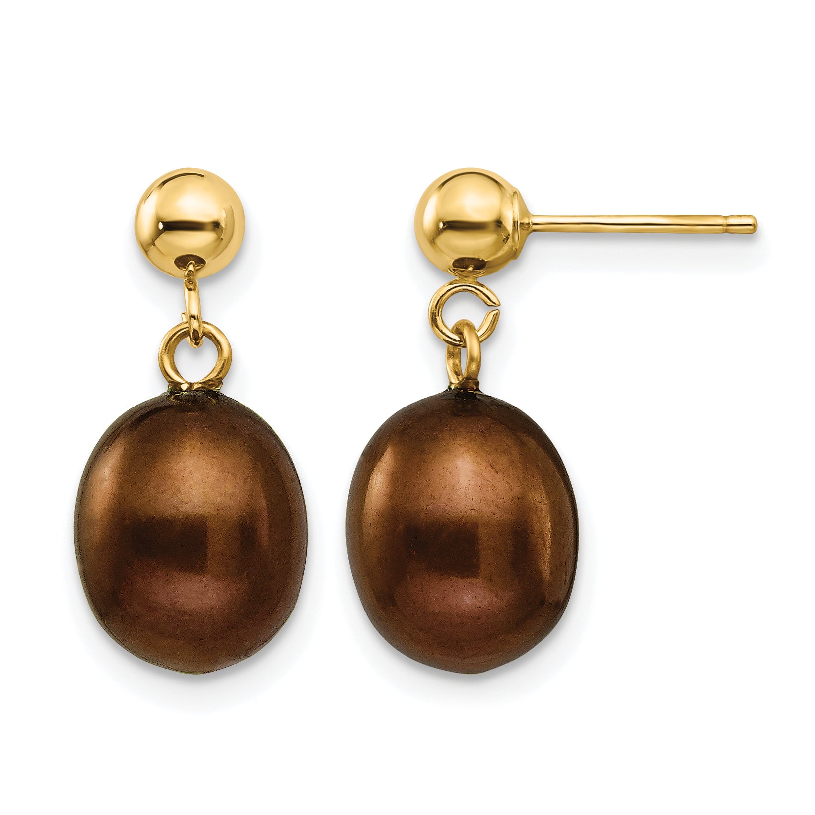 14K Gold Filled 8-9mm Brown Rice Cultured Freshwater Pearl Post Dangle Earrings by Sophia Jewelers