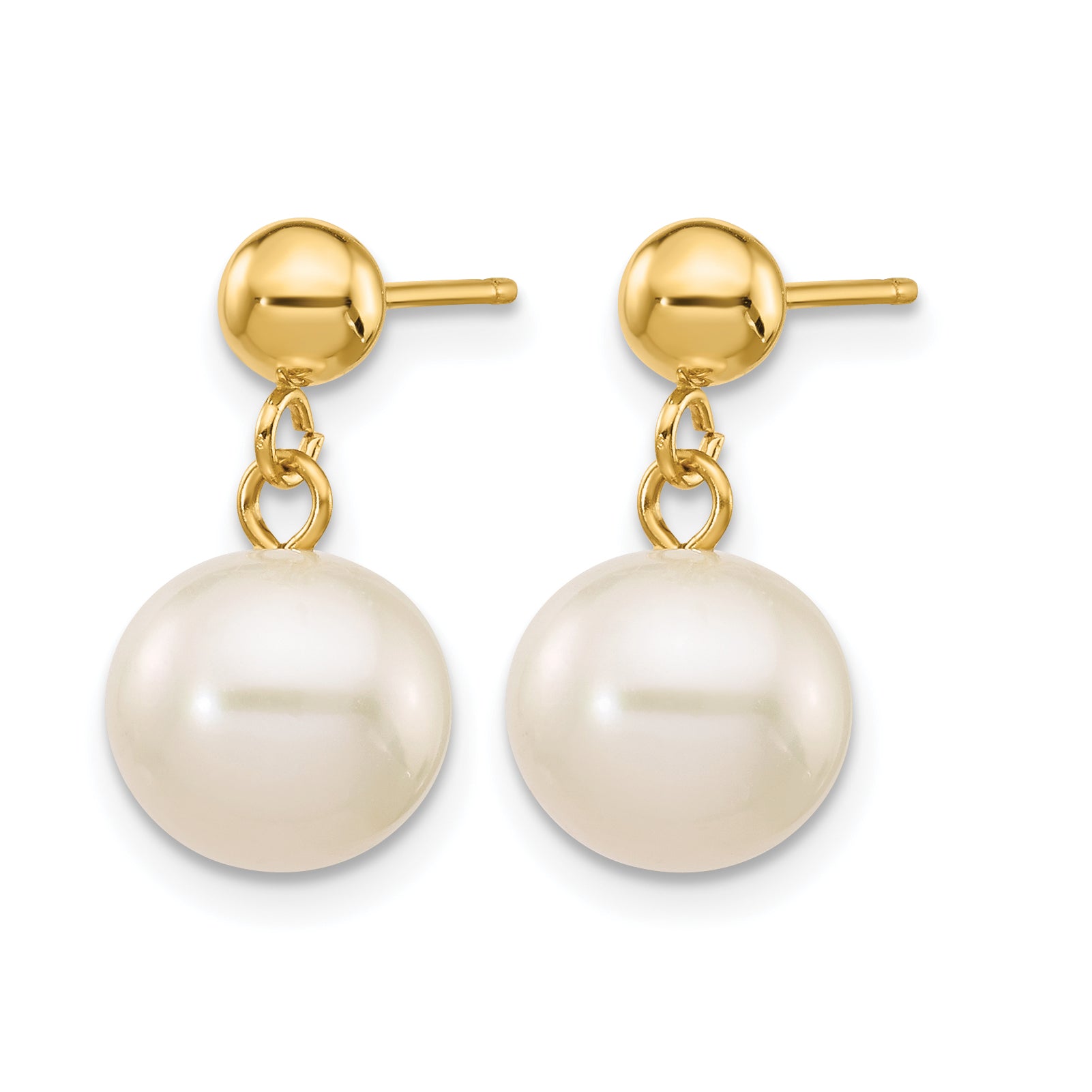 14K Gold Filled 8-8.5mm White Round Cultured Freshwater Pearl Post Dangle Earrings - view 2