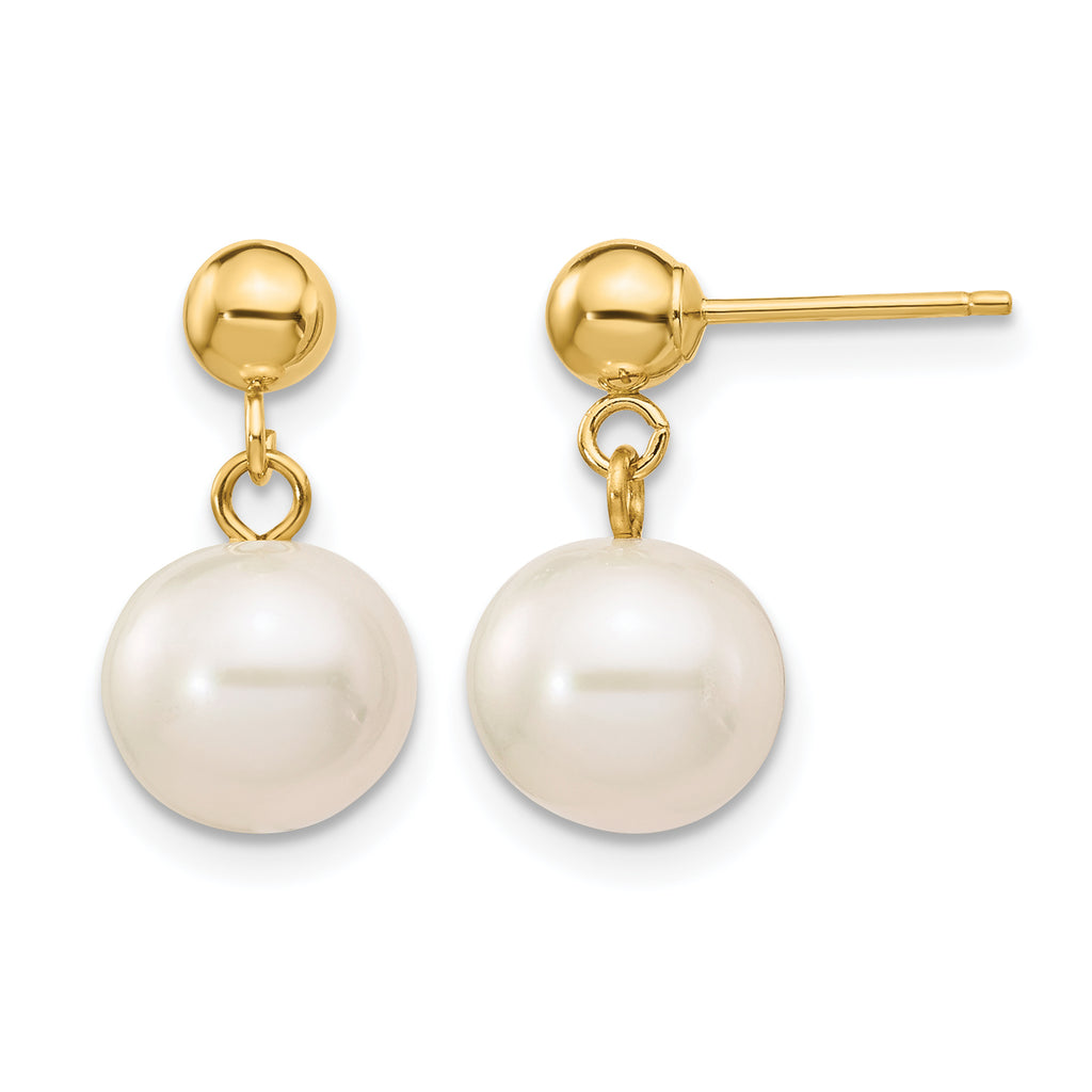 14K Gold Filled 8-8.5mm White Round Cultured Freshwater Pearl Post Dangle Earrings by Sophia Jewelers