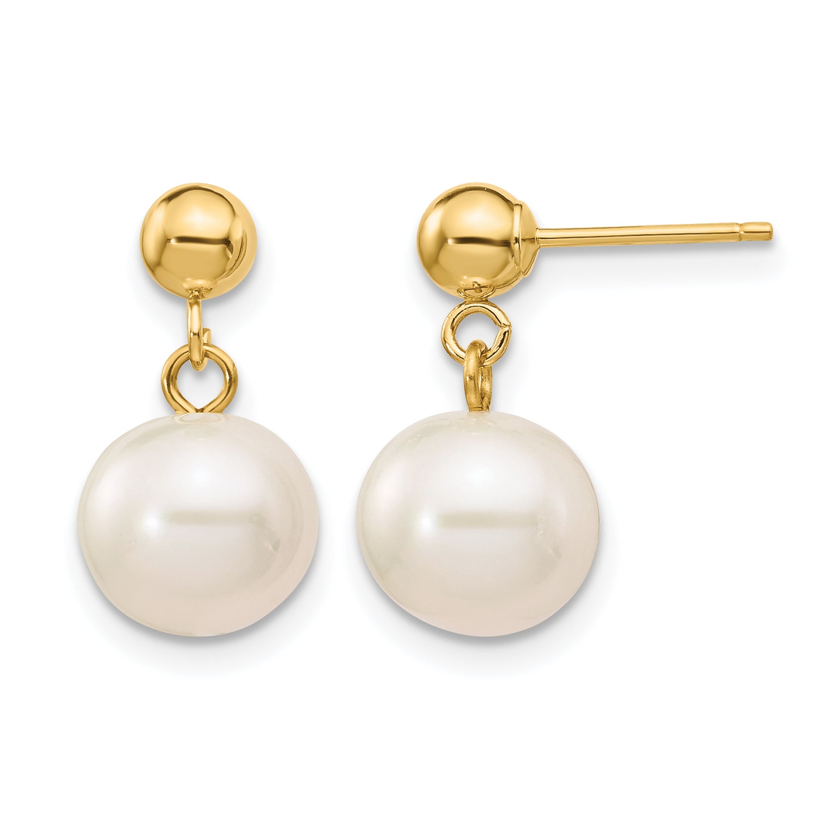 14K Gold Filled 8-8.5mm White Round Cultured Freshwater Pearl Post Dangle Earrings by Sophia Jewelers