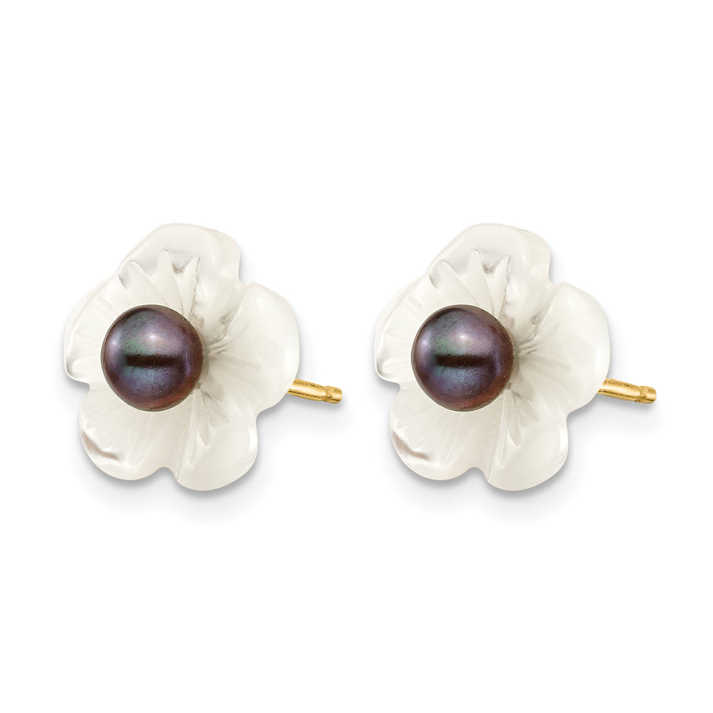 14K Gold Filled 3-4mm Black Freshwater Pearl and Mother of Pearl Flower Post Earrings - view 2