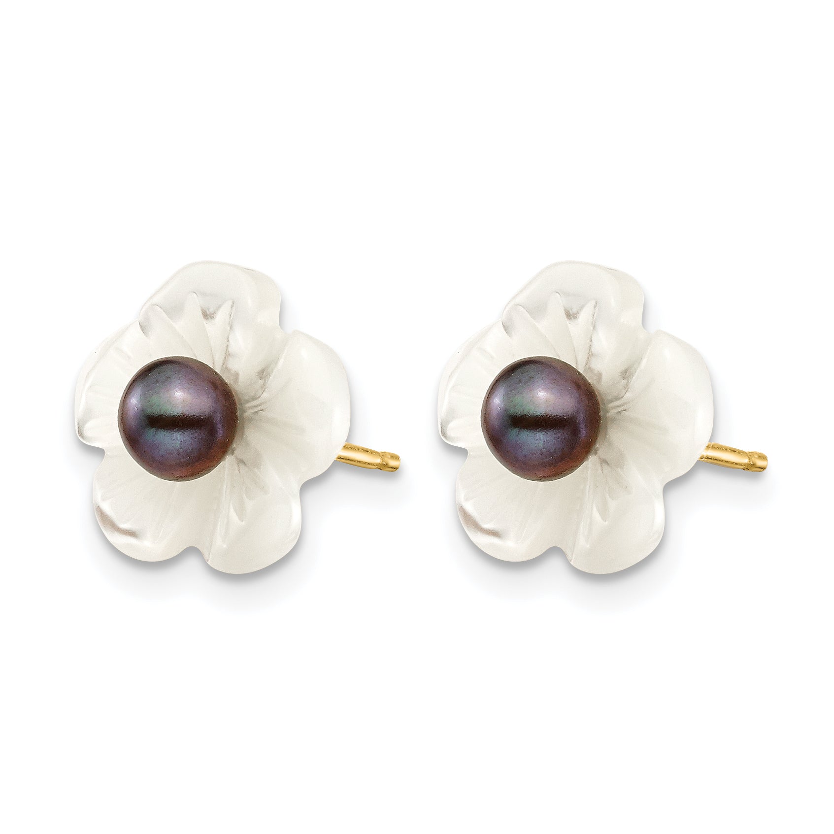 14K Gold Filled 3-4mm Black Freshwater Pearl and Mother of Pearl Flower Post Earrings - view 2