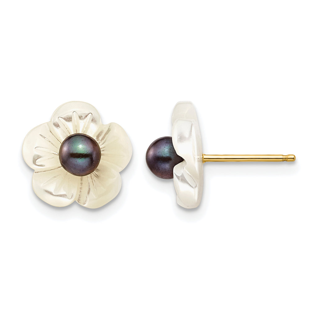 14K Gold Filled 3-4mm Black Freshwater Pearl and Mother of Pearl Flower Post Earrings by Sophia Jewelers