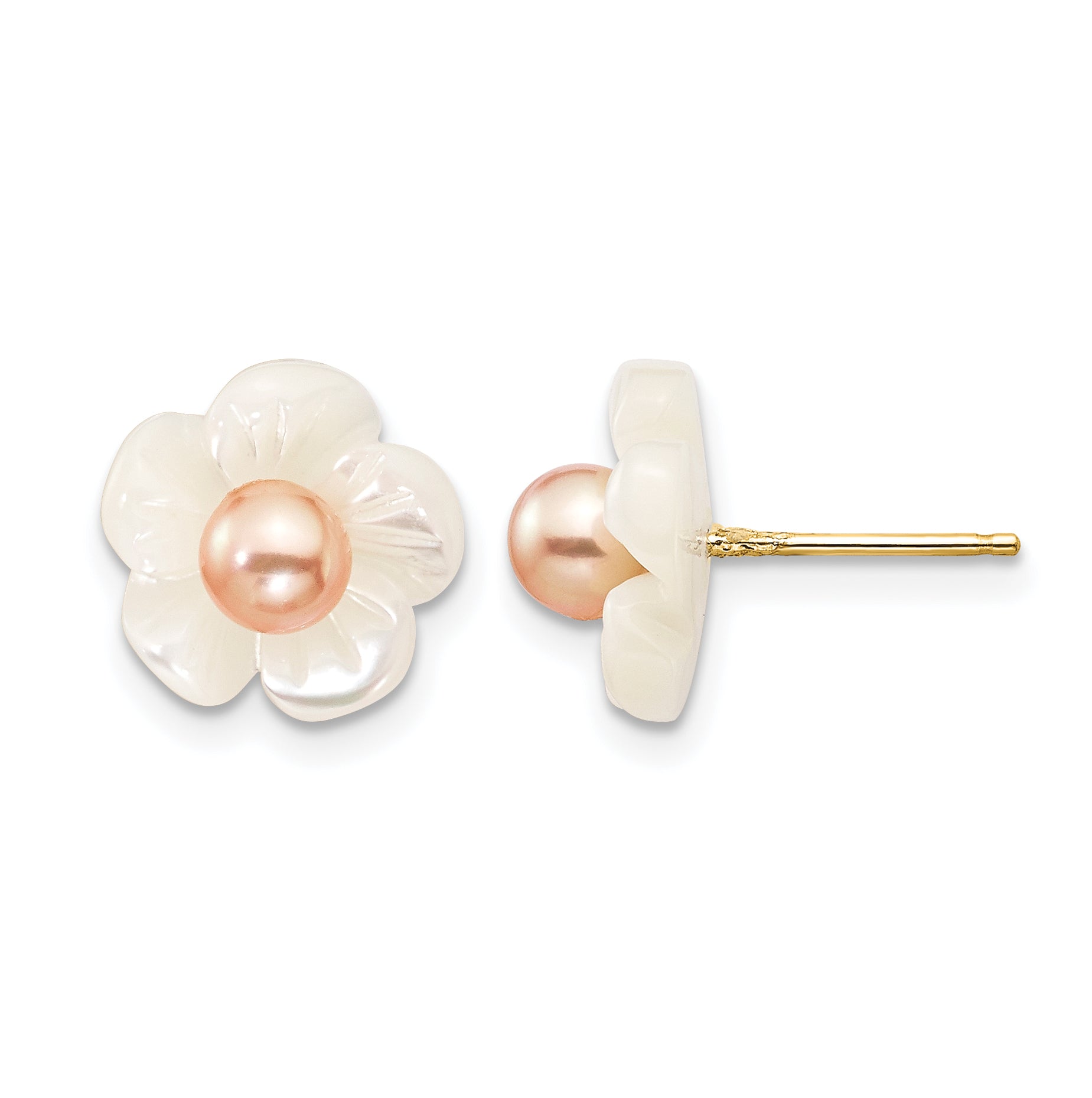 14K Gold Filled 3-4mm Pink Freshwater Pearl and Mother of Pearl Flower Post Earrings by Sophia Jewelers