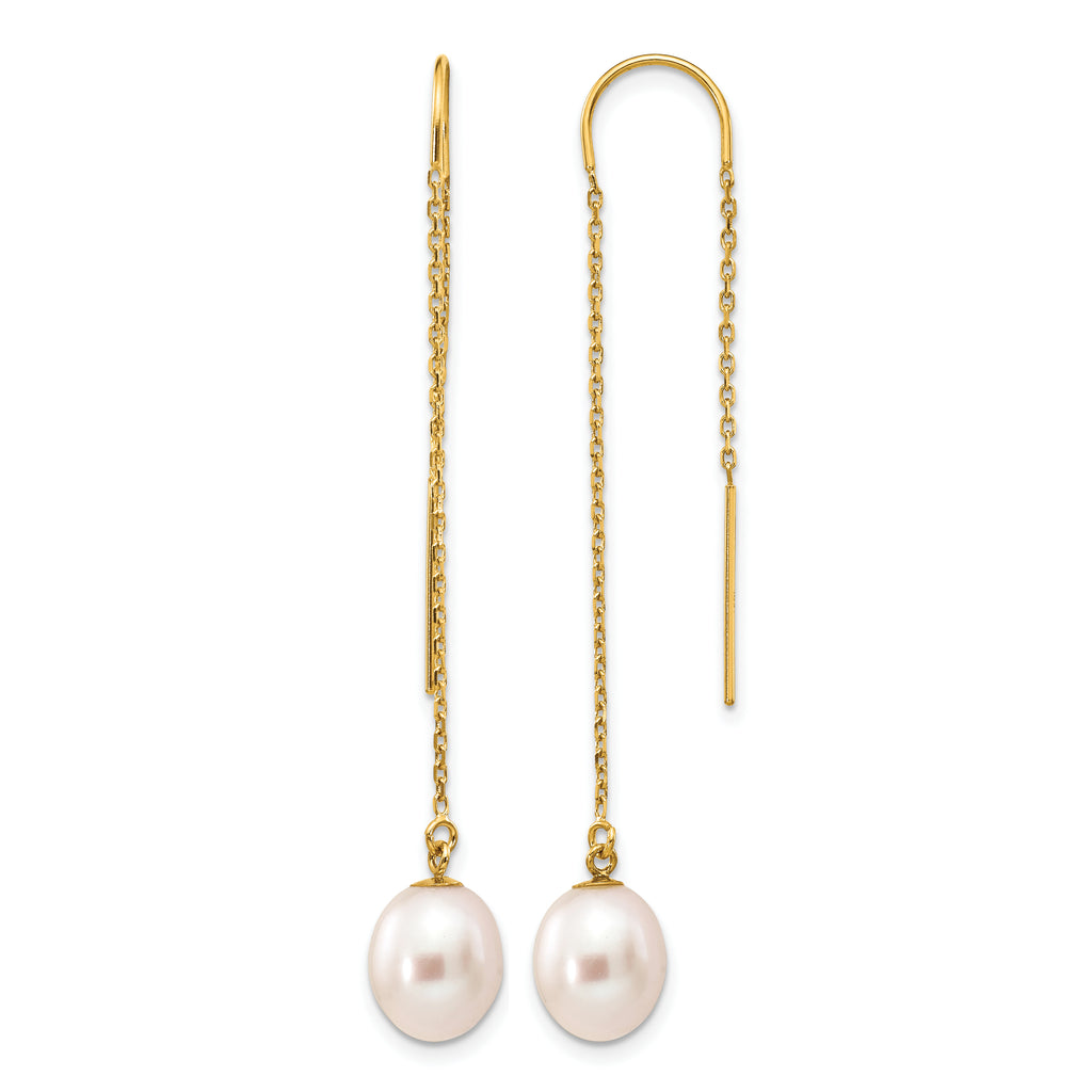 14K Gold Filled 7-8mm White Rice Freshwater Pearl Threader Earrings by Sophia Jewelers