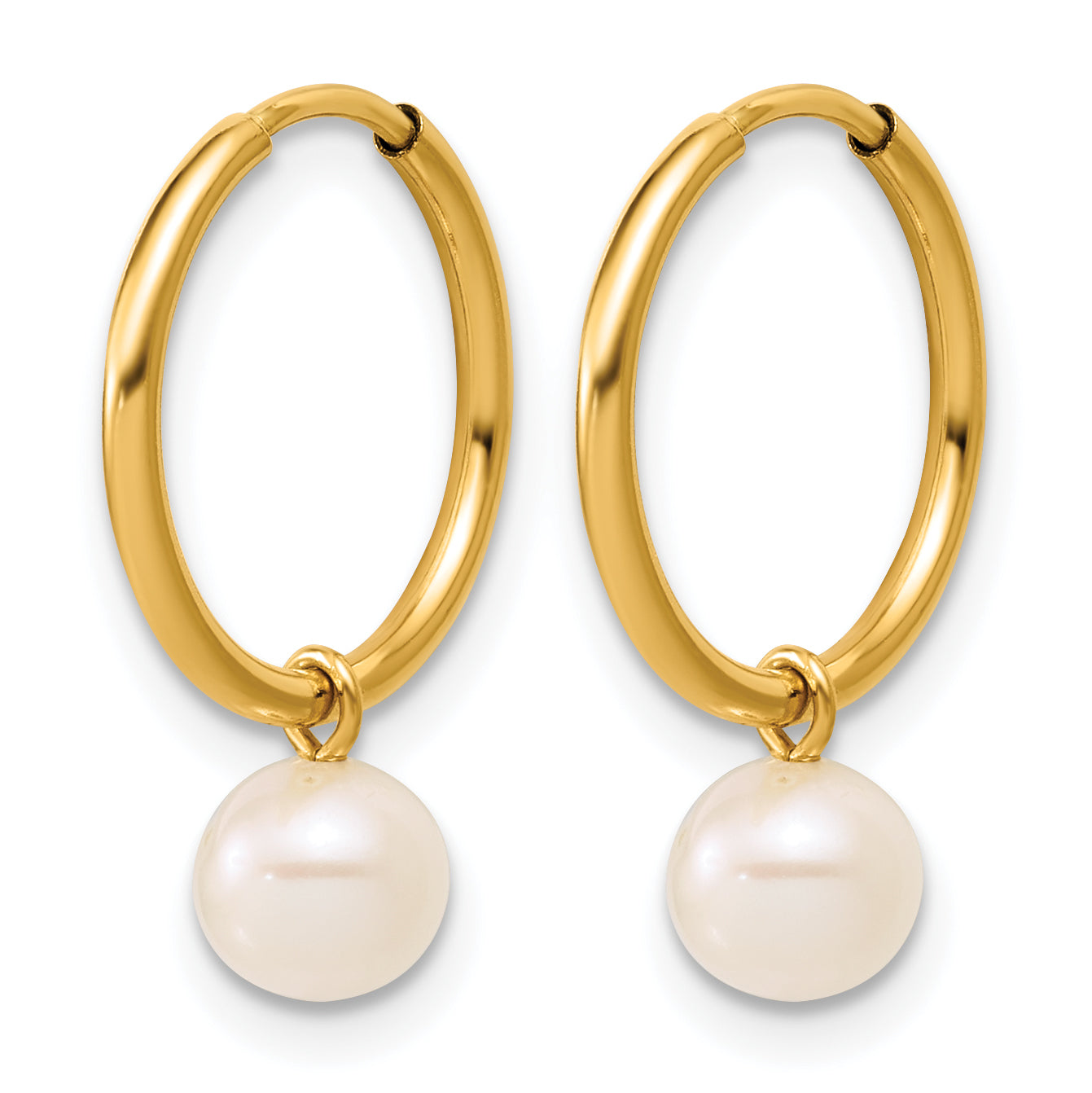14K Gold Filled 5-6mm White Round Cultured Freshwater Pearl Dangle Hoop Earrings Secondary image