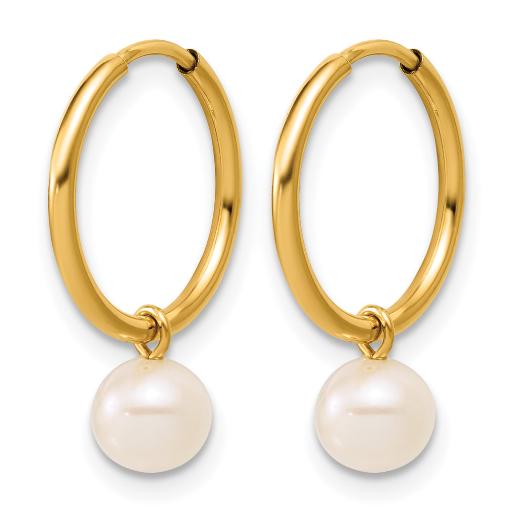 14K Gold Filled 5-6mm White Round Cultured Freshwater Pearl Dangle Hoop Earrings - view 2