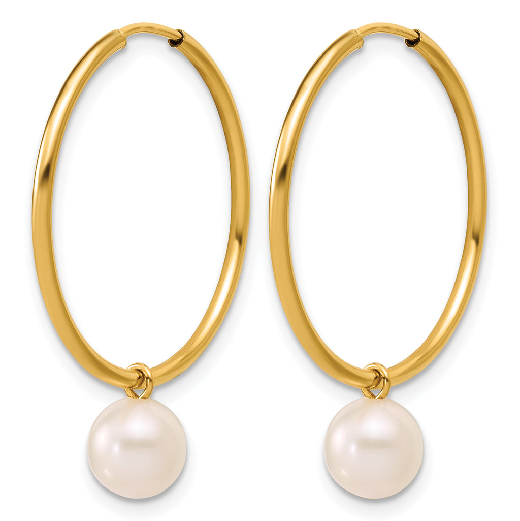 14K Gold Filled 6-7mm White Round Cultured Freshwater Pearl Dangle Hoop Earrings - view 2
