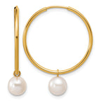 14K Gold Filled 6-7mm White Round Cultured Freshwater Pearl Dangle Hoop Earrings by Sophia Jewelers