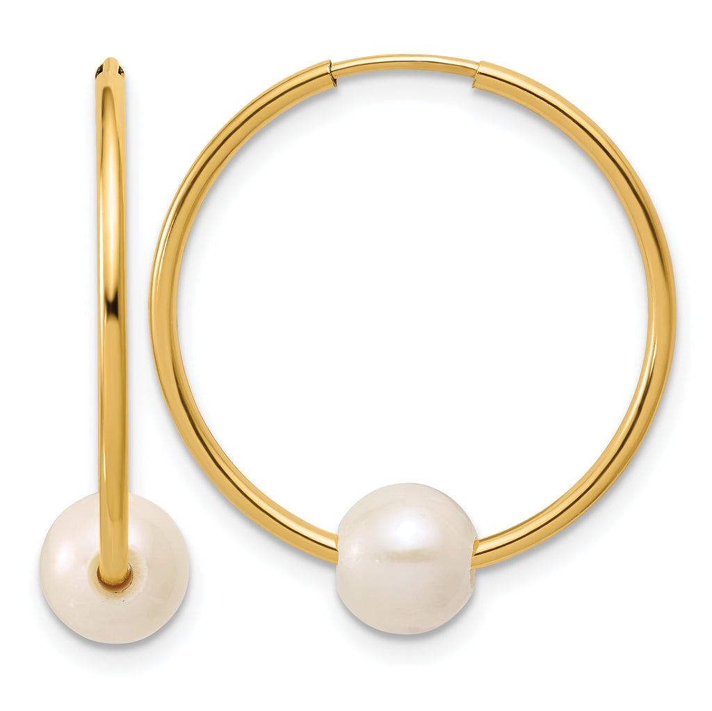 14K Gold Filled 6-7mm White Round Cultured Freshwater Pearl Hoop Earrings by Sophia Jewelers