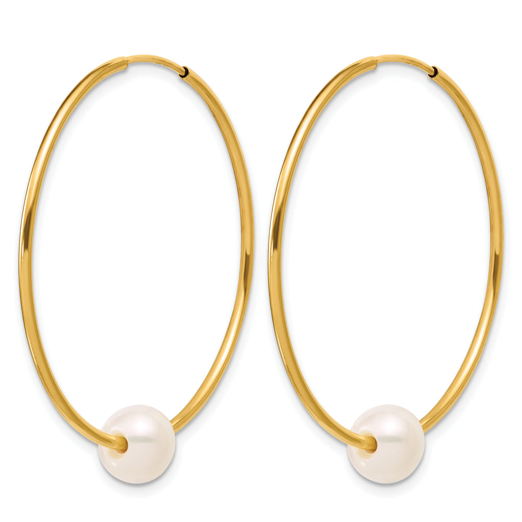 14K Gold Filled 6-7mm White Round Cultured Freshwater Pearl Large Hoop Earrings - view 2