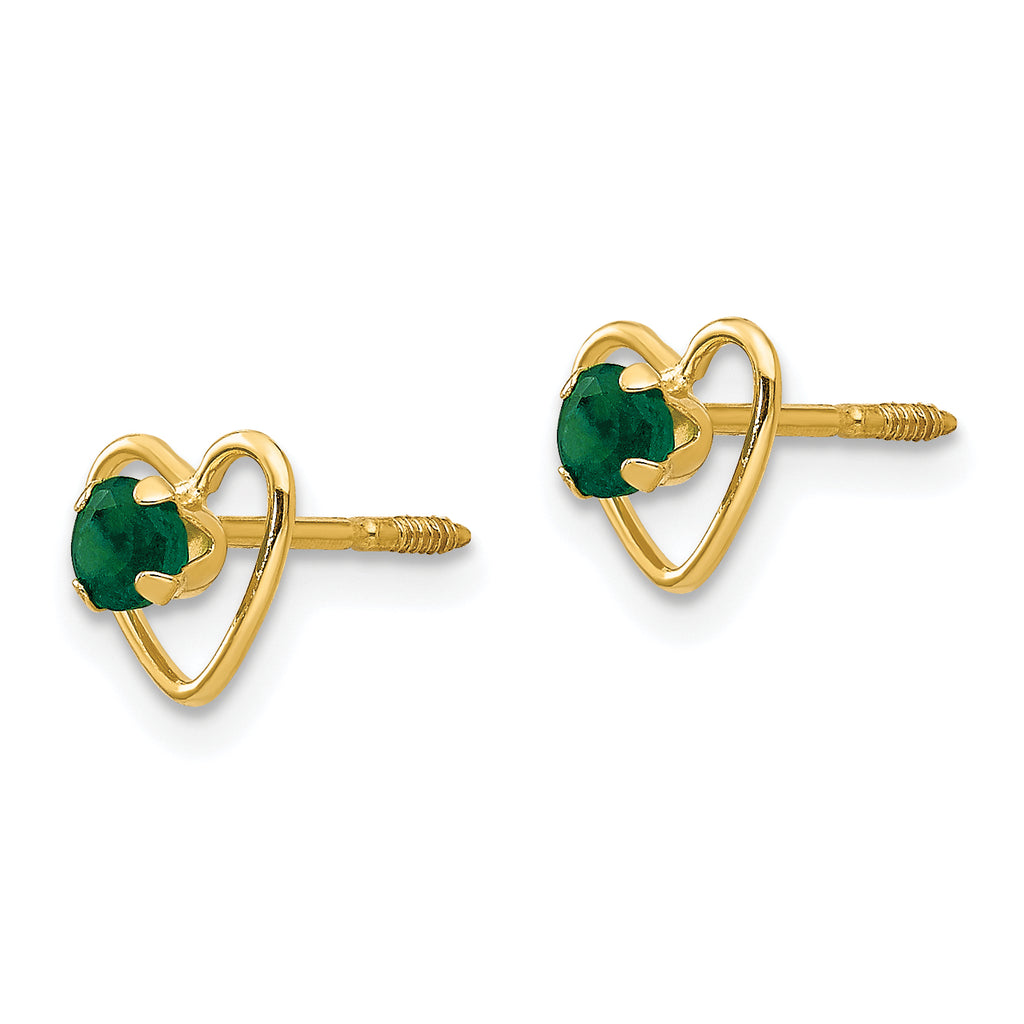 14k Madi K 3mm Created Emerald Birthstone Heart Earrings