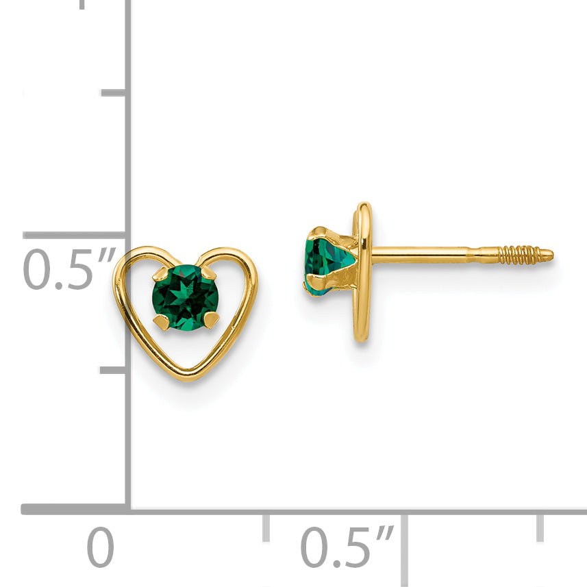 14k Madi K 3mm Created Emerald Birthstone Heart Earrings
