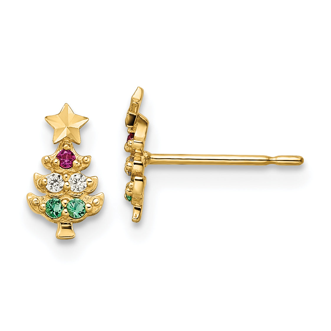 14k Madi K Red & Clear CZ & Green Glass Christmas Tree Post Earrings Main image