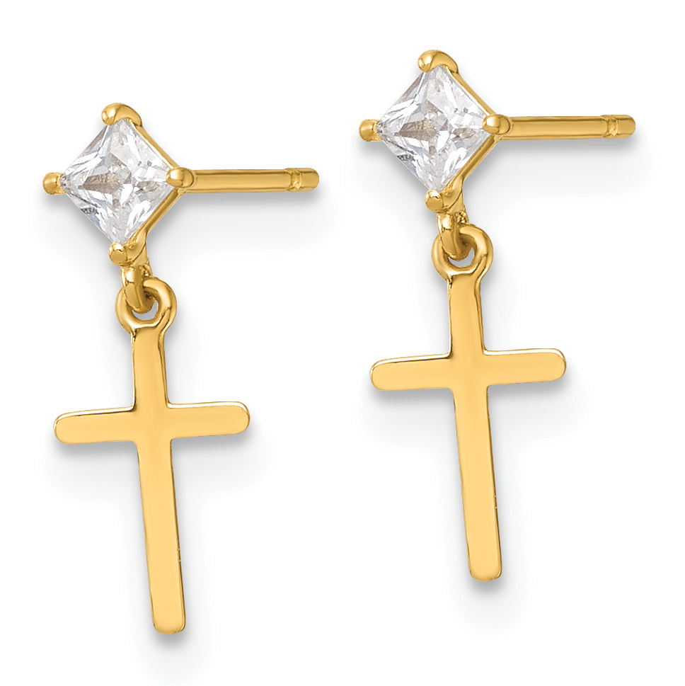 14k Madi K Polished CZ Cross Childrens Dangle Post Earrings Secondary image