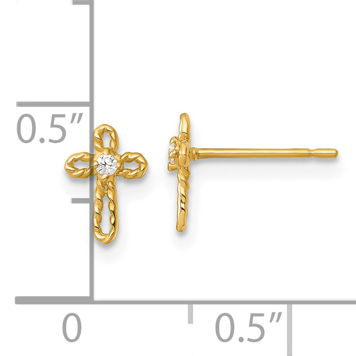 14k Madi K Polished and Twisted CZ Cross Childrens Post Earrings