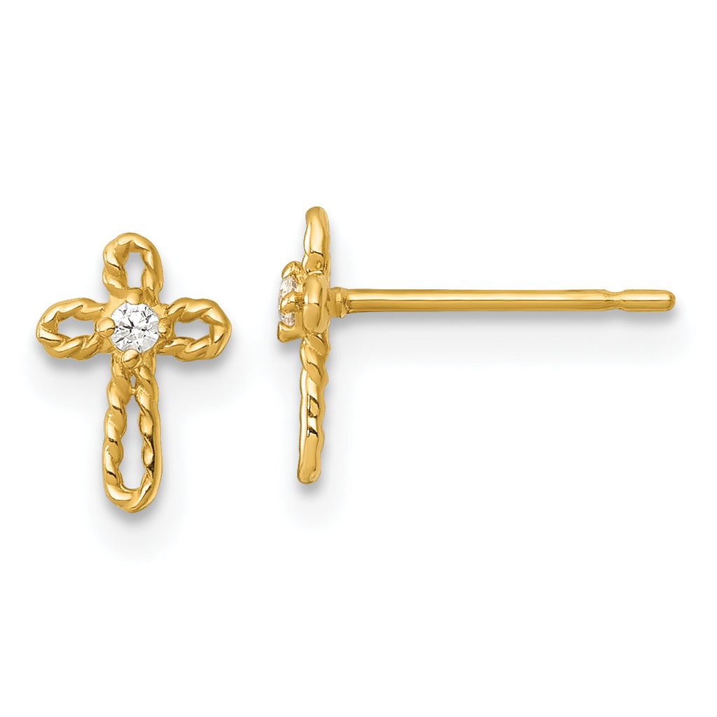 14k Madi K Polished and Twisted CZ Cross Childrens Post Earrings