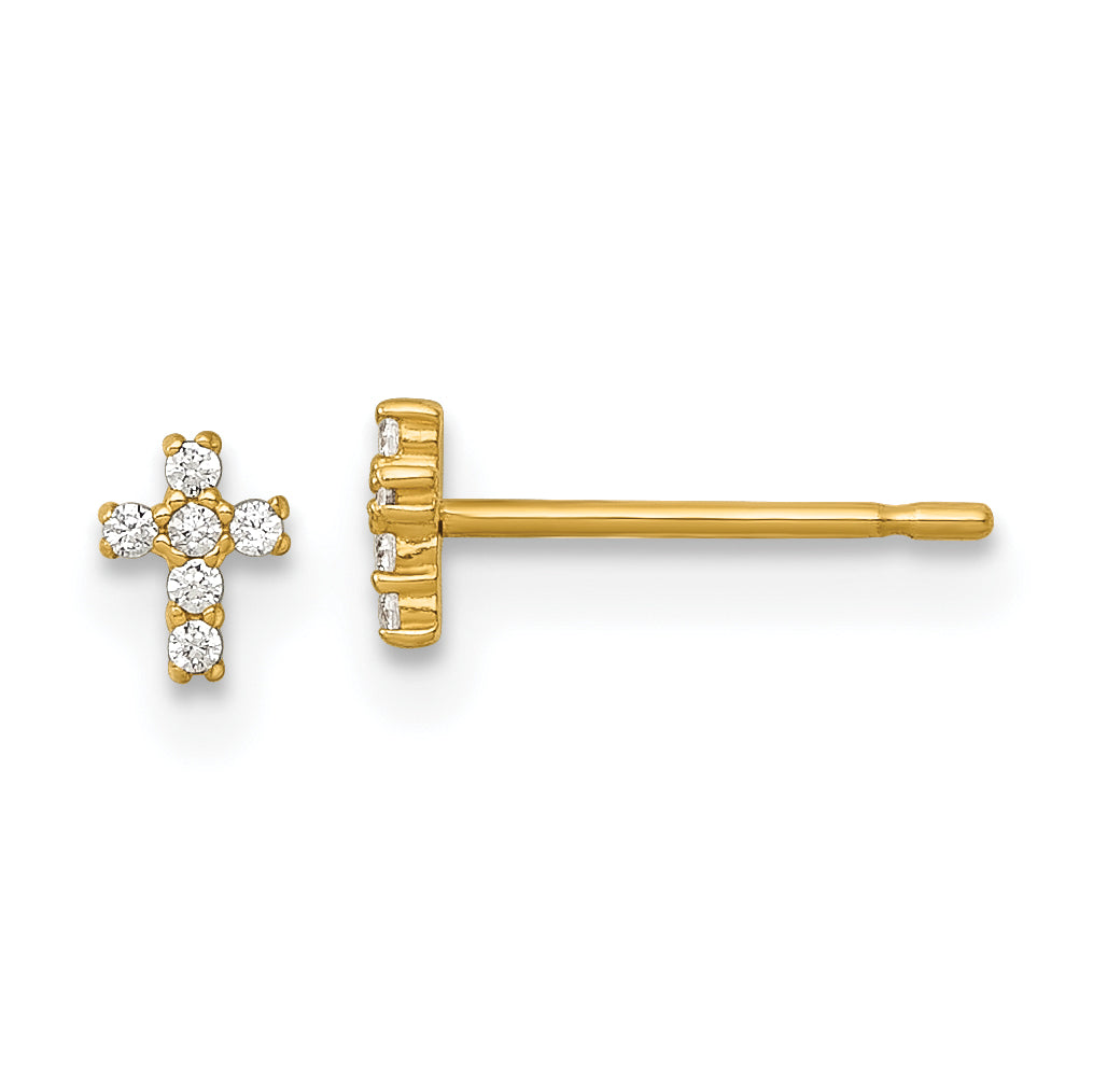 14k Madi K Polished Tiny CZ Cross Childrens Post Earrings