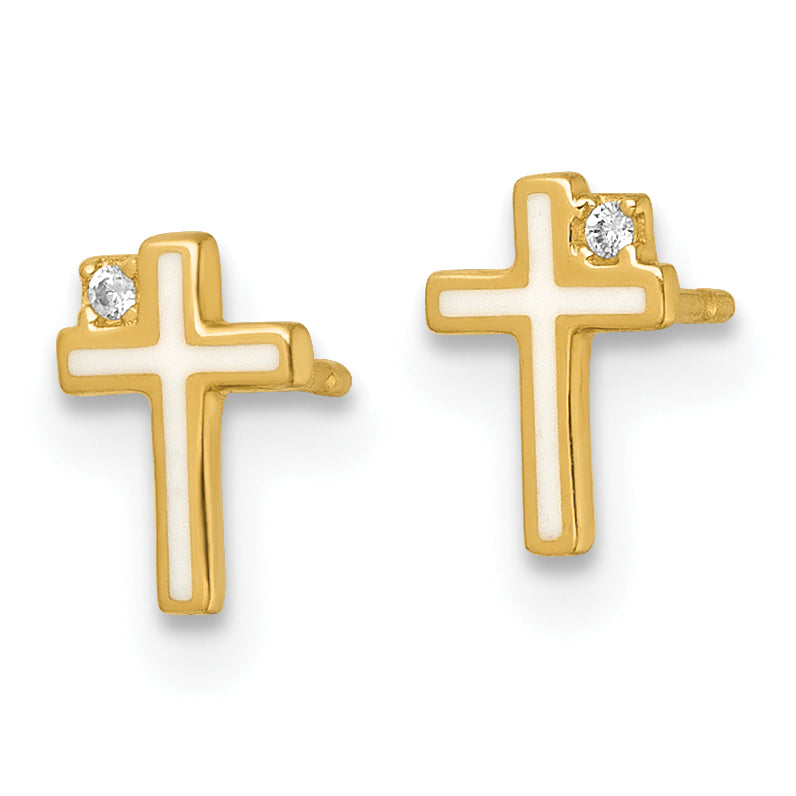 14k Madi K Polished White Enameled CZ Cross Childrens Post Earrings Secondary image