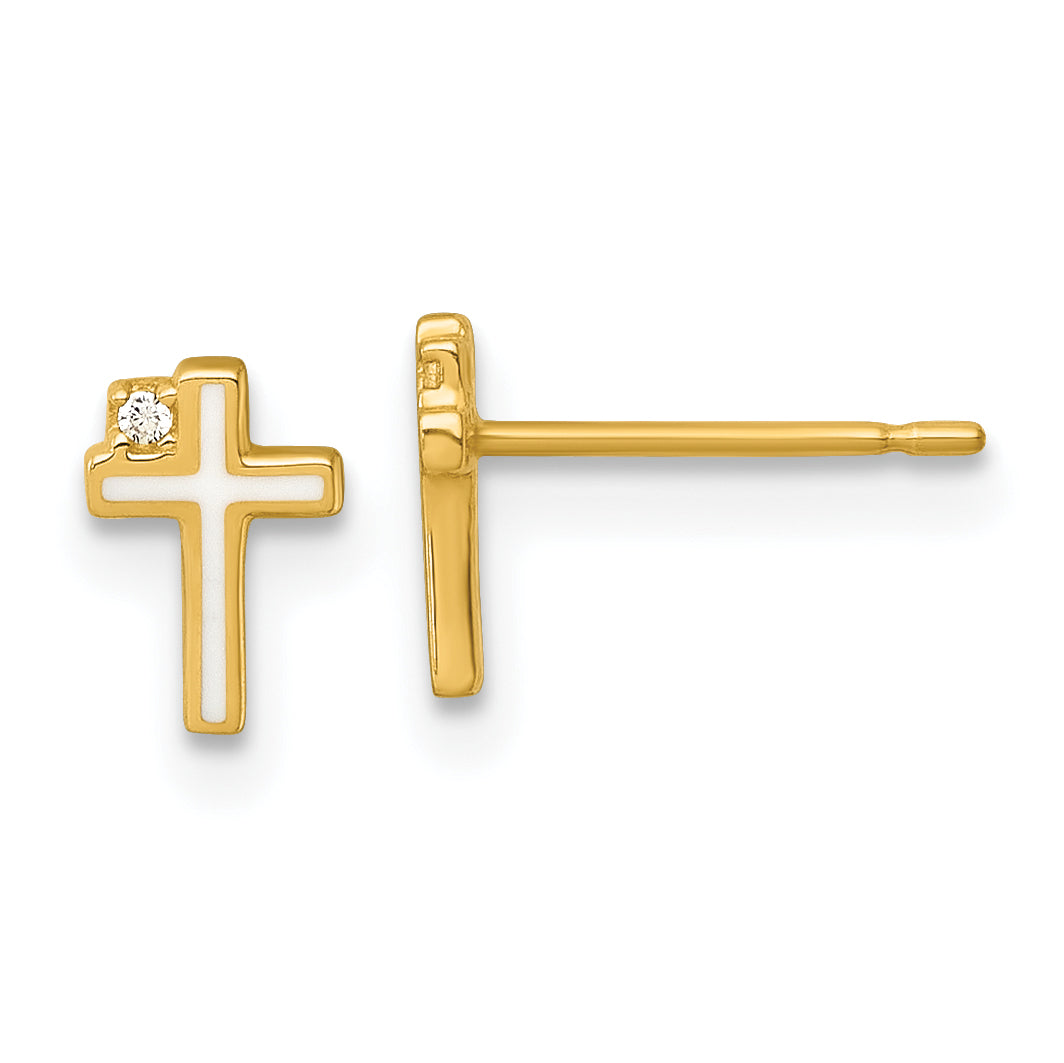 14k Madi K Polished White Enameled CZ Cross Childrens Post Earrings Main image