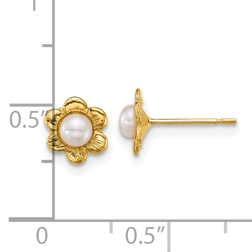 14k Madi K Polished 3-4mm Button White Freshwater Cultured Pearl Flower Post Earrings