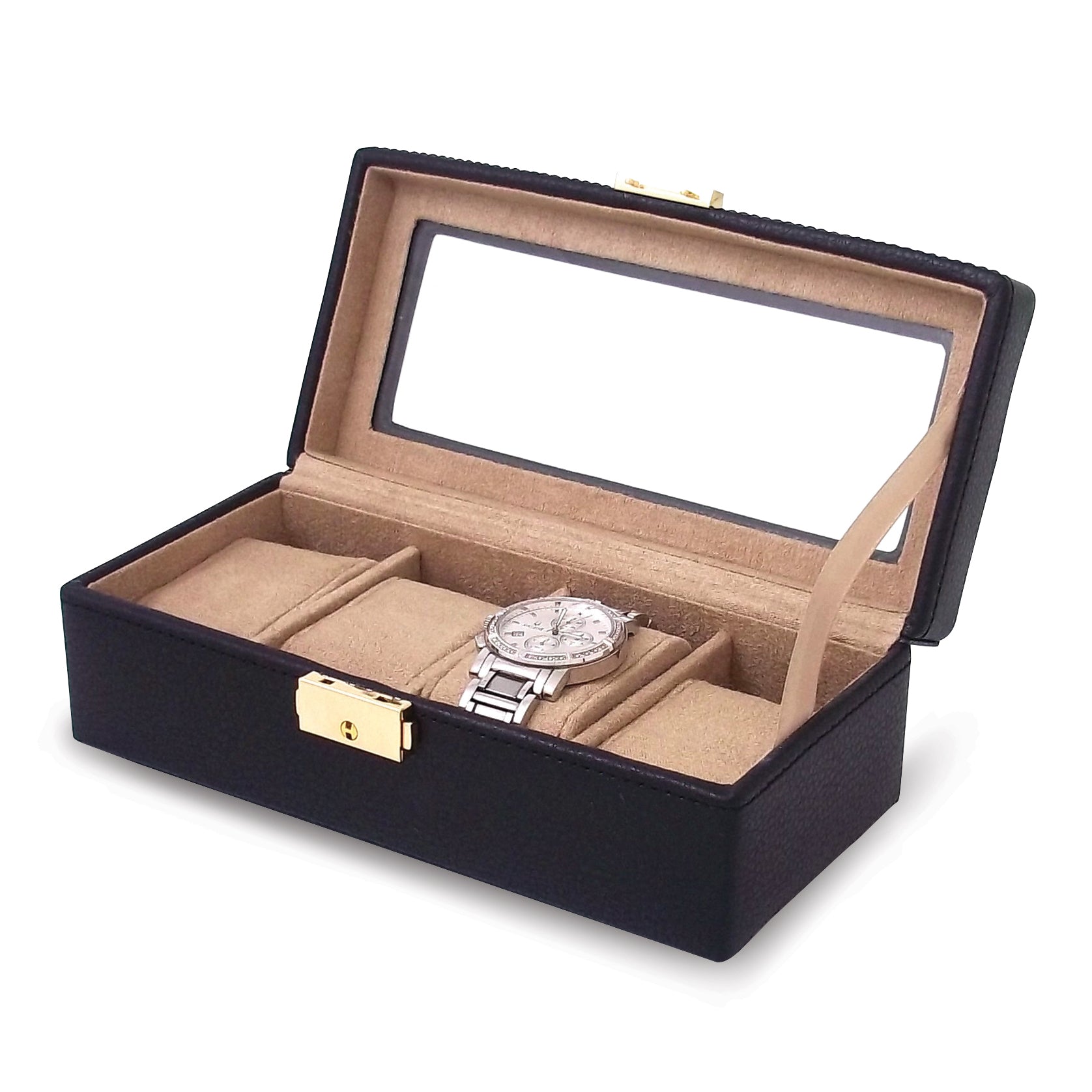 Black Leather Clear Lid 4-Watch Case Main image