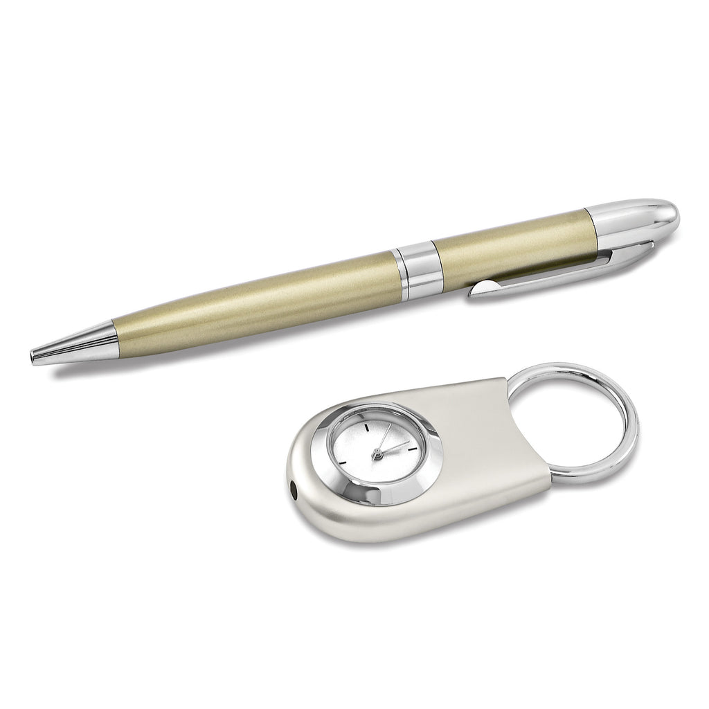Silver-tone Watch Key Ring and Gold-tone Pen Set in Wooden Gift Box