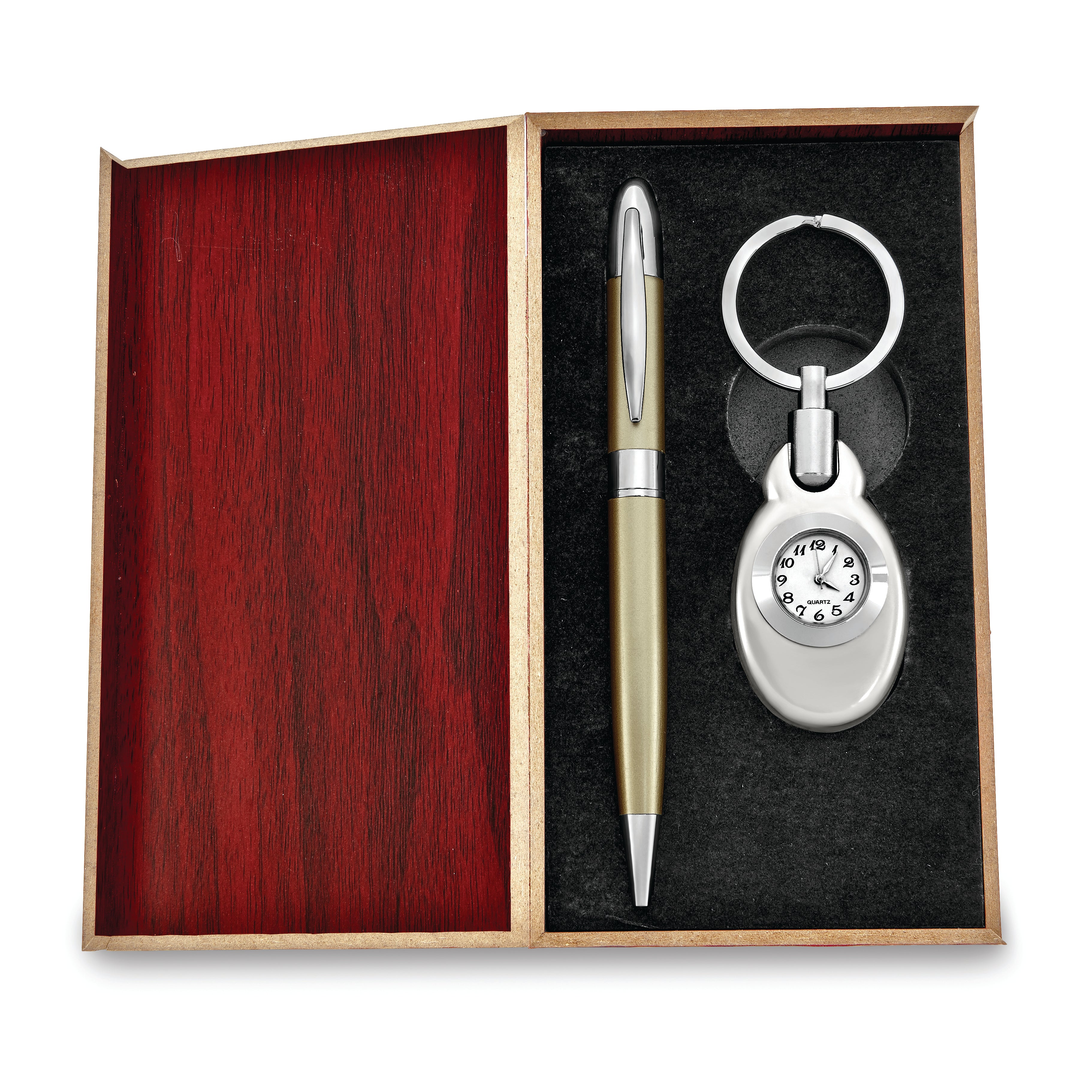 Silver-tone Watch Key Ring and Gold-tone Pen Set in Wooden Gift Box