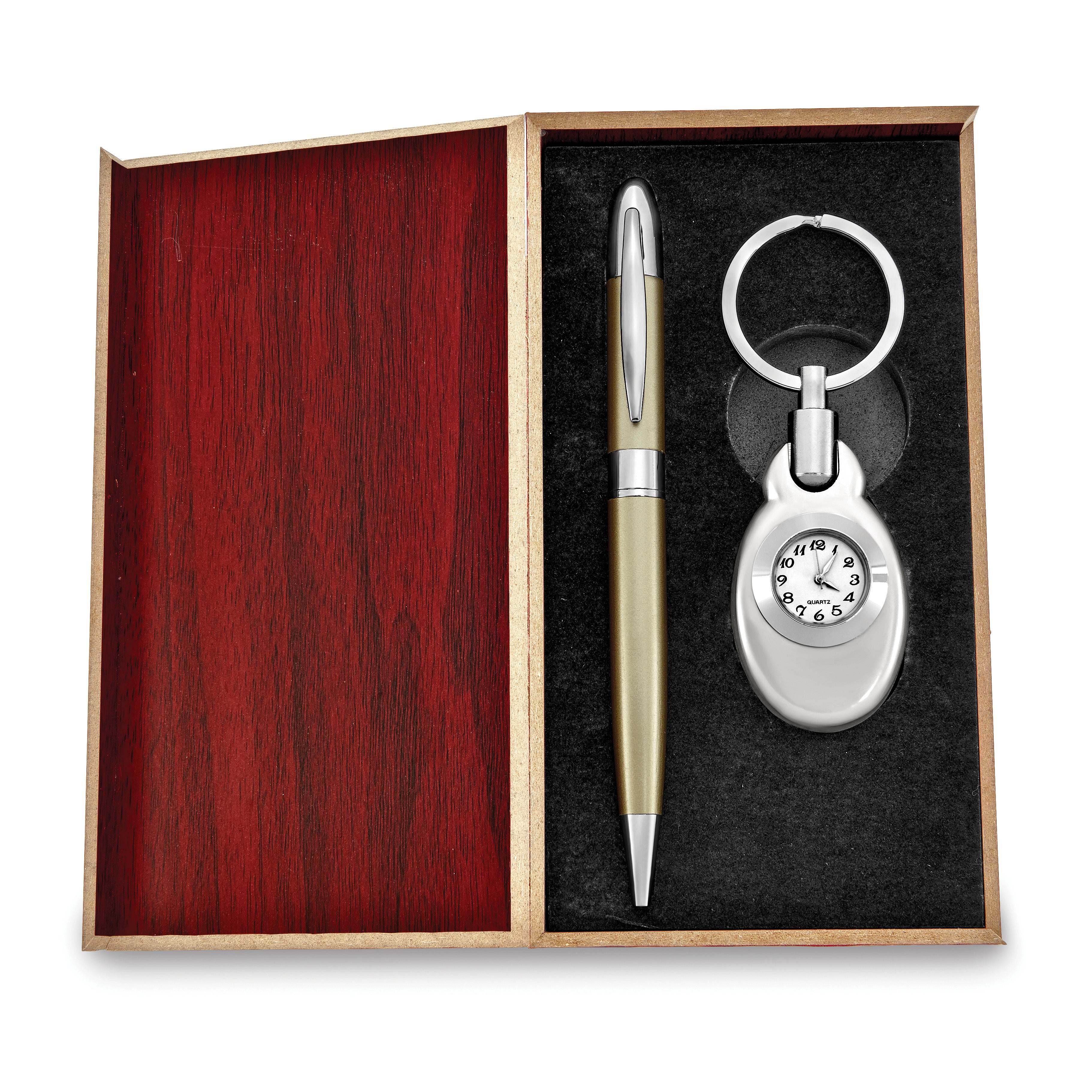 Silver-tone Watch Key Ring and Gold-tone Pen Set in Wooden Gift Box