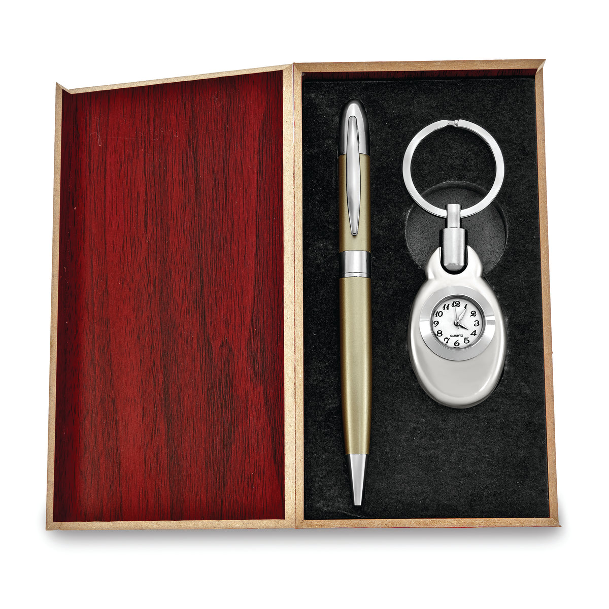 Silver-tone Watch Key Ring and Gold-tone Pen Set in Wooden Gift Box