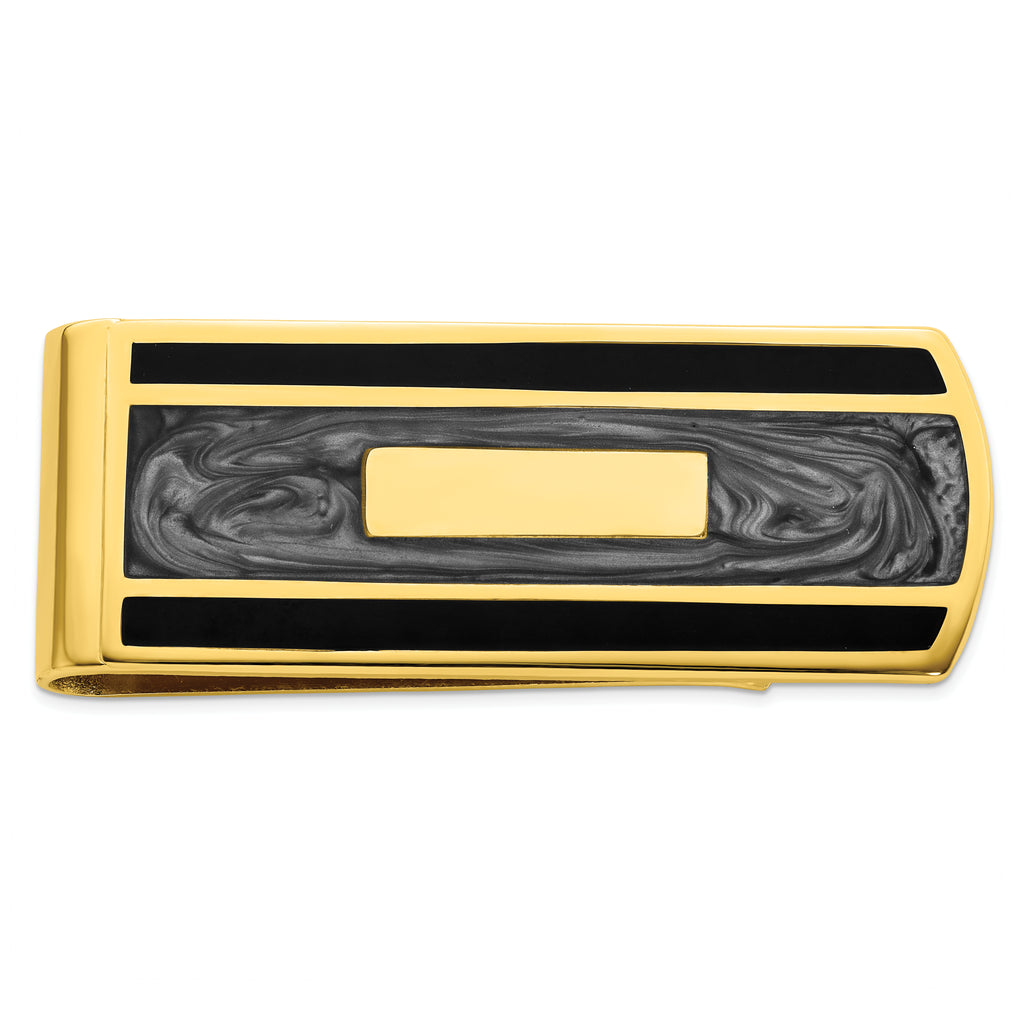 Gold-plated Kelly Waters Black and Grey Epoxy Money Clip with Engravable Area