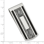 Rhodium-plated Kelly Waters Black and Grey Epoxy Money Clip with Engravable Area