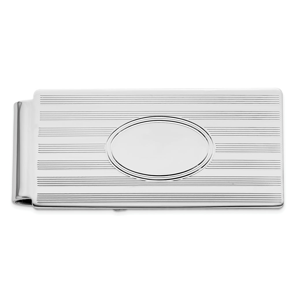 Rhodium-plated Kelly Waters Horizontal Lines Hinged Money Clip with Engravable Area