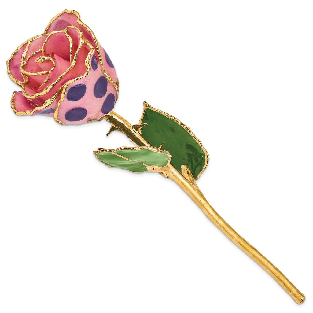 Lacquer Dipped Gold Trimmed Pink and Purple Dots Real Rose