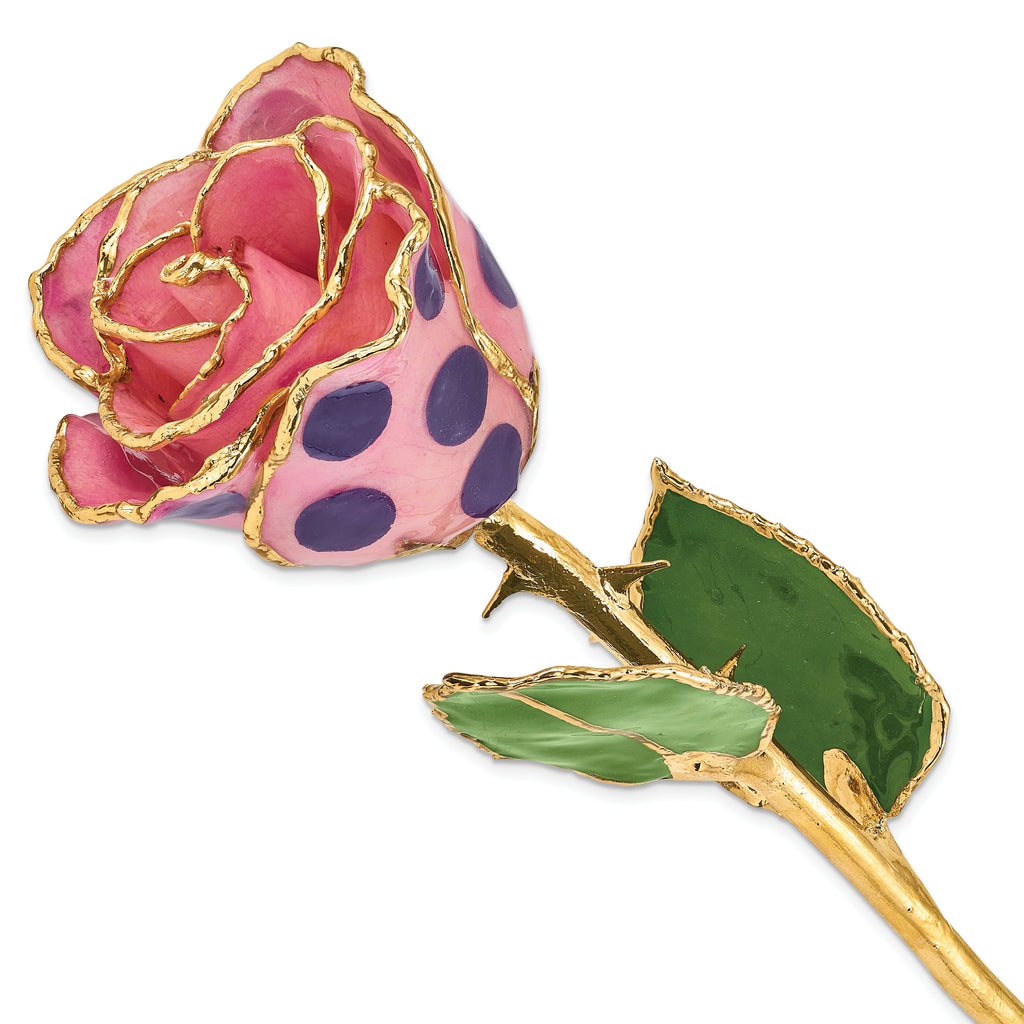 Lacquer Dipped Gold Trimmed Pink and Purple Dots Real Rose
