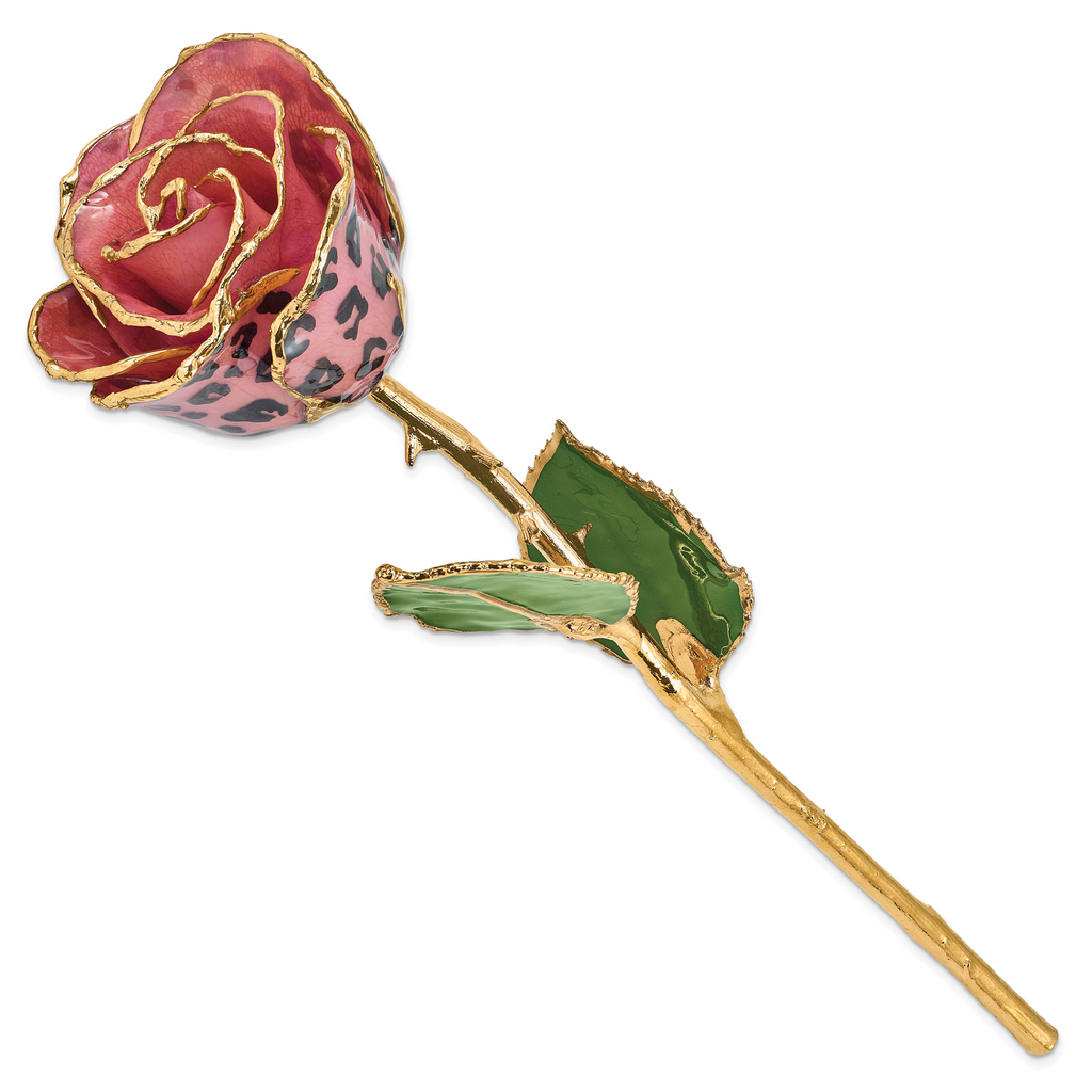 Lacquer Dipped Gold Trimmed Pink and Black Leopard Real Rose