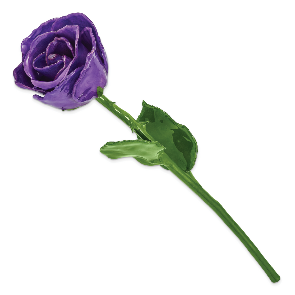 Lilac Lacquer Dipped Natural Rose with Green Leaves and Stem