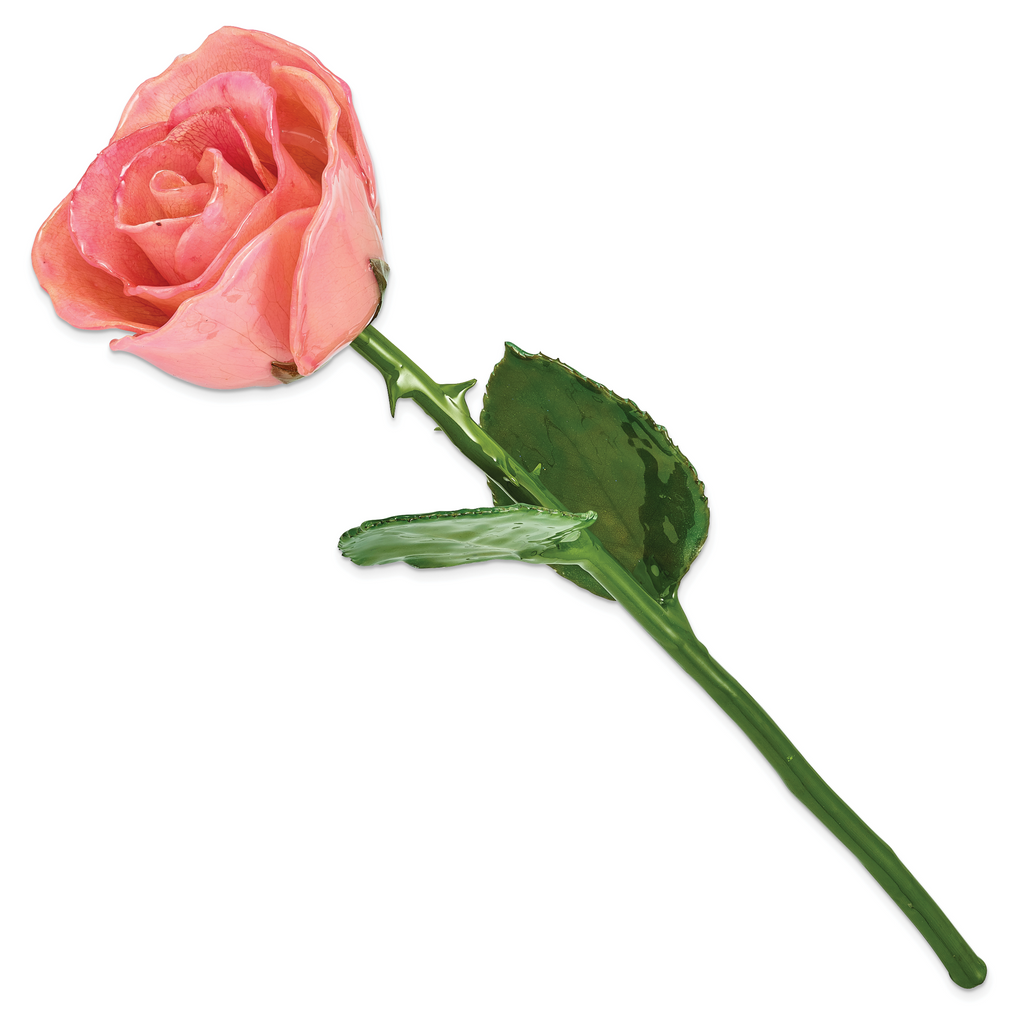 Pink Lacquer Dipped Natural Rose with Green Leaves and Stem