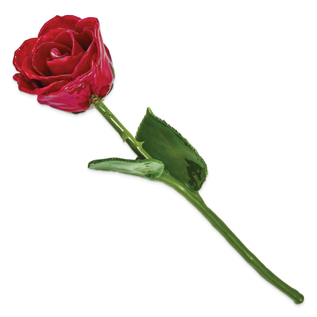 Red Lacquer Dipped Natural Rose with Green Leaves and Stem