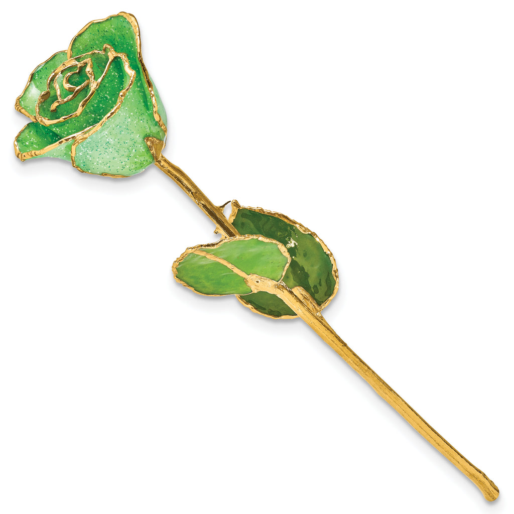 Peridot Green Lacquer Dipped Gold Trimmed with Glitter Real Rose