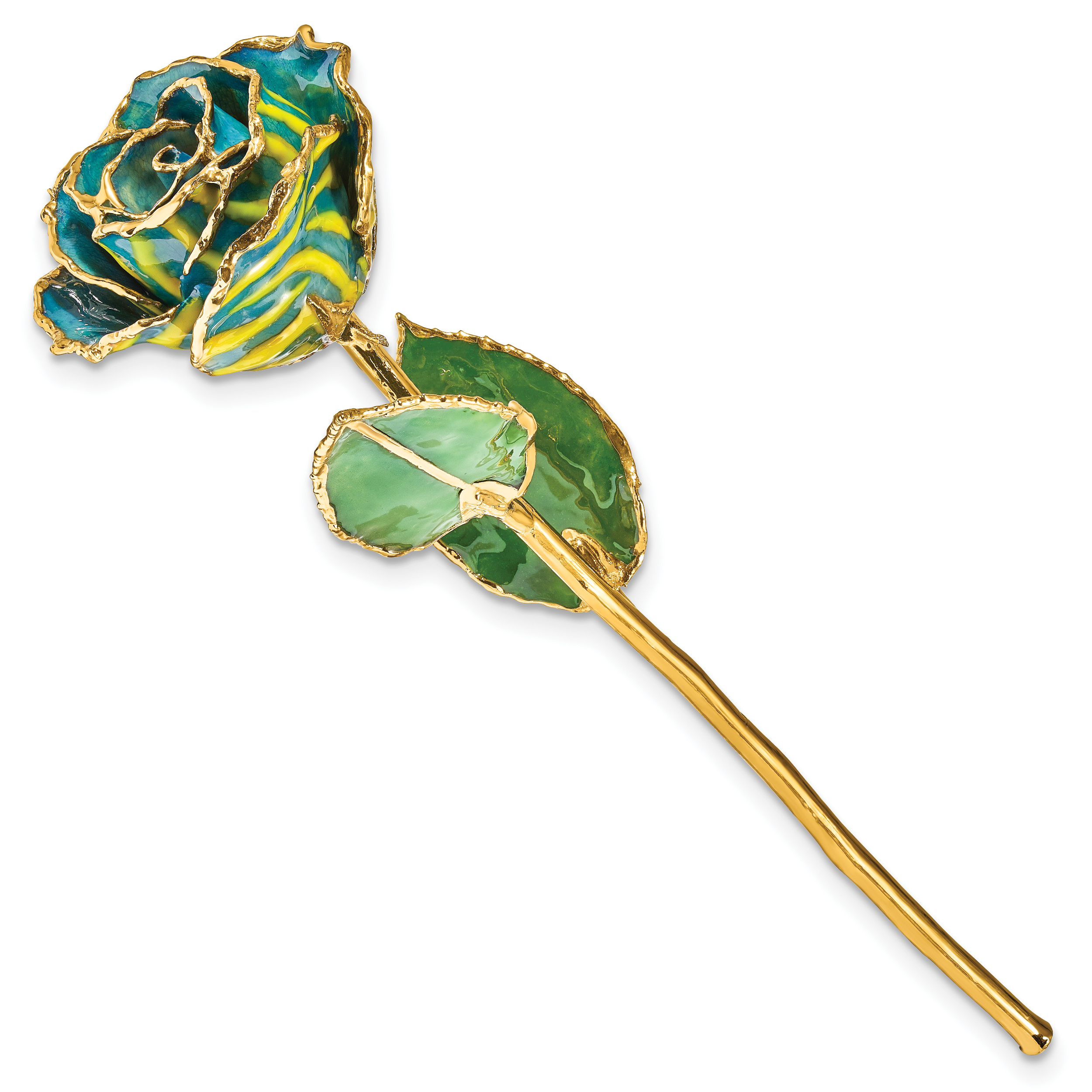 Lacquer Dipped Gold Trimmed Yellow and Blue Zebra Real Rose