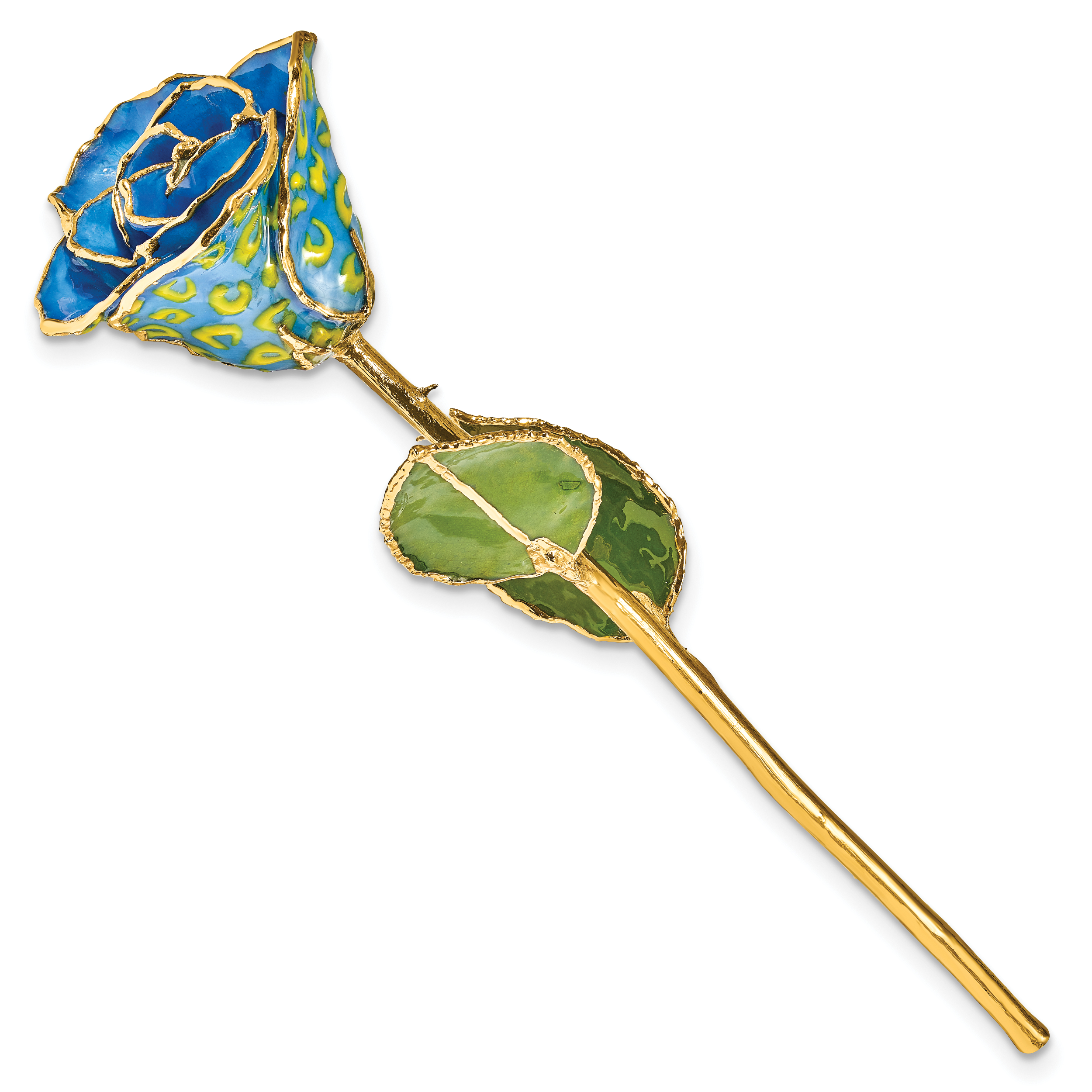 Lacquer Dipped Gold Trimmed Yellow and Blue Leopard Real Rose