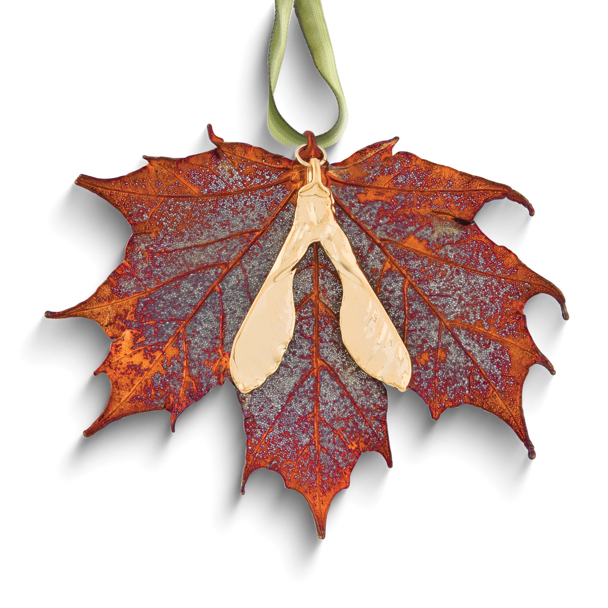 Iridescent Copper Dipped Real Maple Leaf and 24k Dipped Real Seed Decorative Ornament