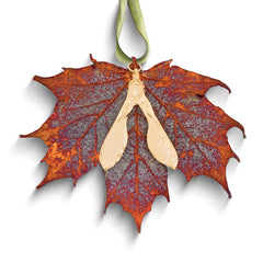 Iridescent Copper Dipped Real Maple Leaf and 24k Dipped Real Seed Decorative Ornament