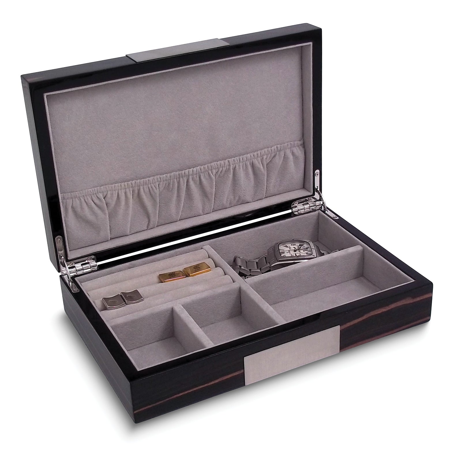 Lacquered Ebony Burlwood Finish with Metal Accent Velour Lined Wooden Valet Jewelry Box