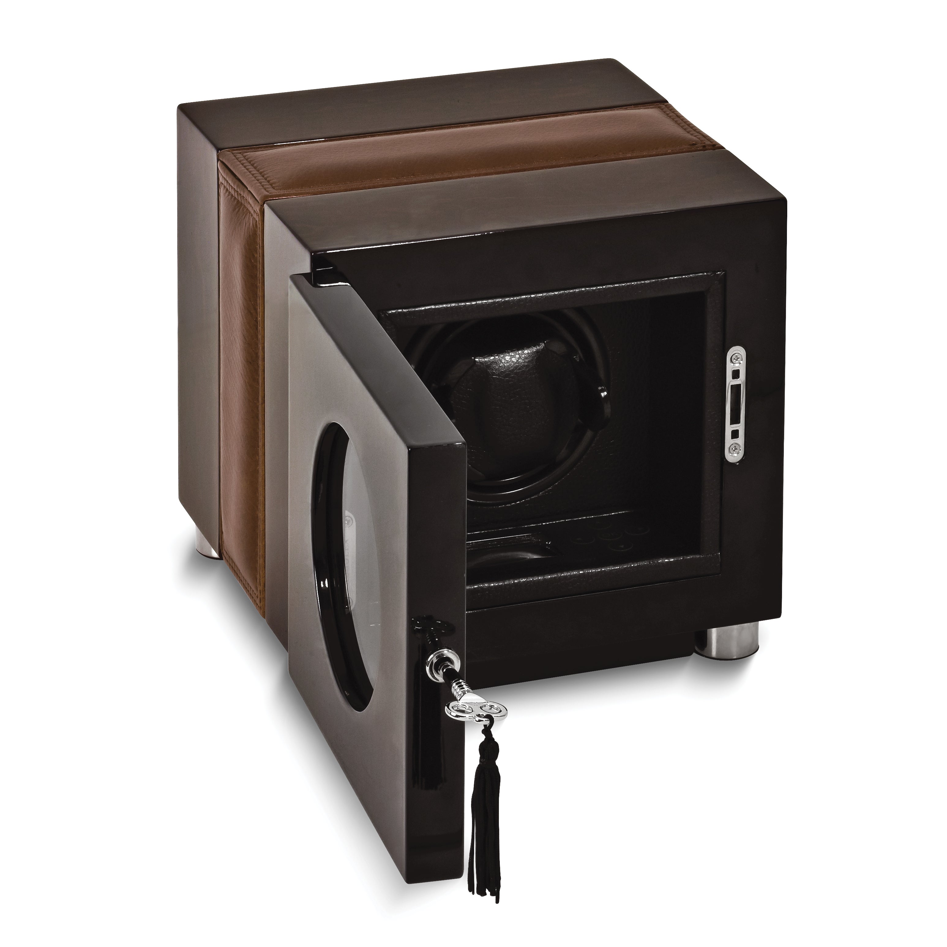 Rotations High Gloss Finish Wood and Leather Trimmed Locking Single Watch Winder (AC or Batteries)