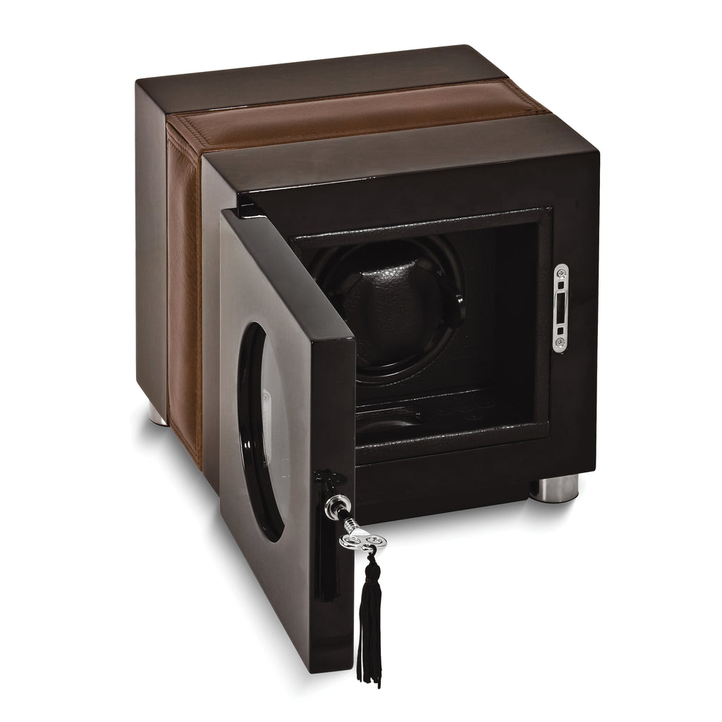 Rotations High Gloss Finish Wood and Leather Trimmed Locking Single Watch Winder (AC or Batteries)