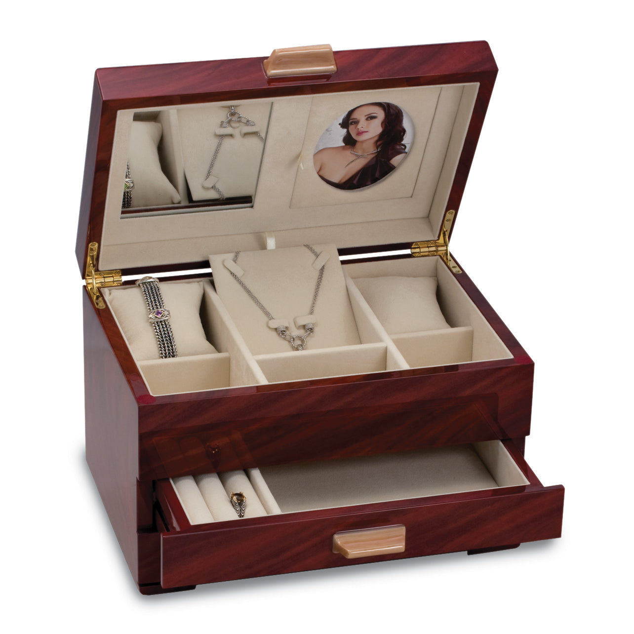 High Gloss Mahogany Veneer Finish 1-drawer Wooden Jewelry Box Secondary image